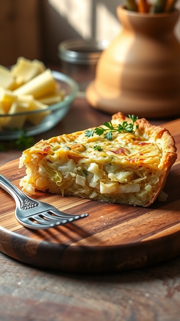 A slice of delicious cabbage quiche with a flaky crust on a wooden board, garnished with herbs.